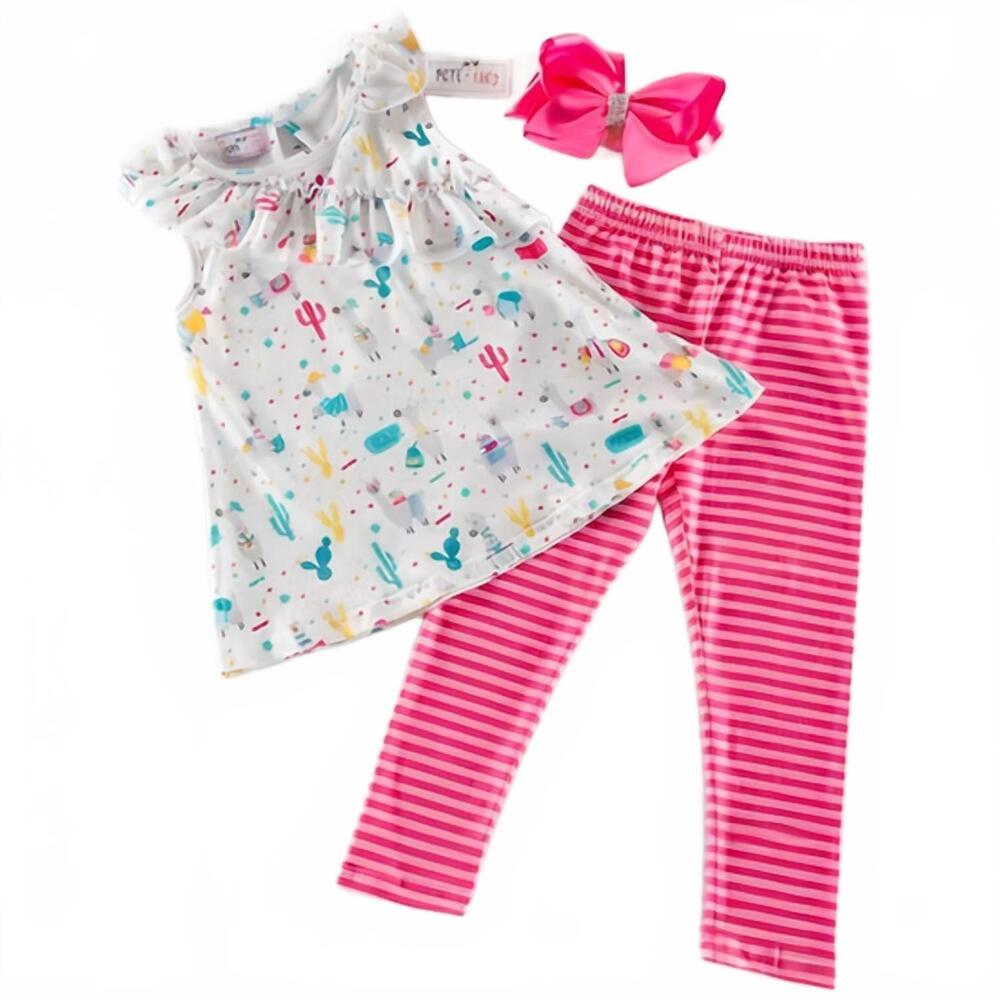 NEW PETE + LUCY girls learning llamas two piece set in white/ pink